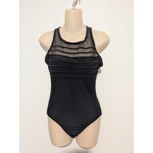 Vintage 80s Swimsuit Jantzen Black Mesh Top Bathing Suit 12 L High Cut Leg
